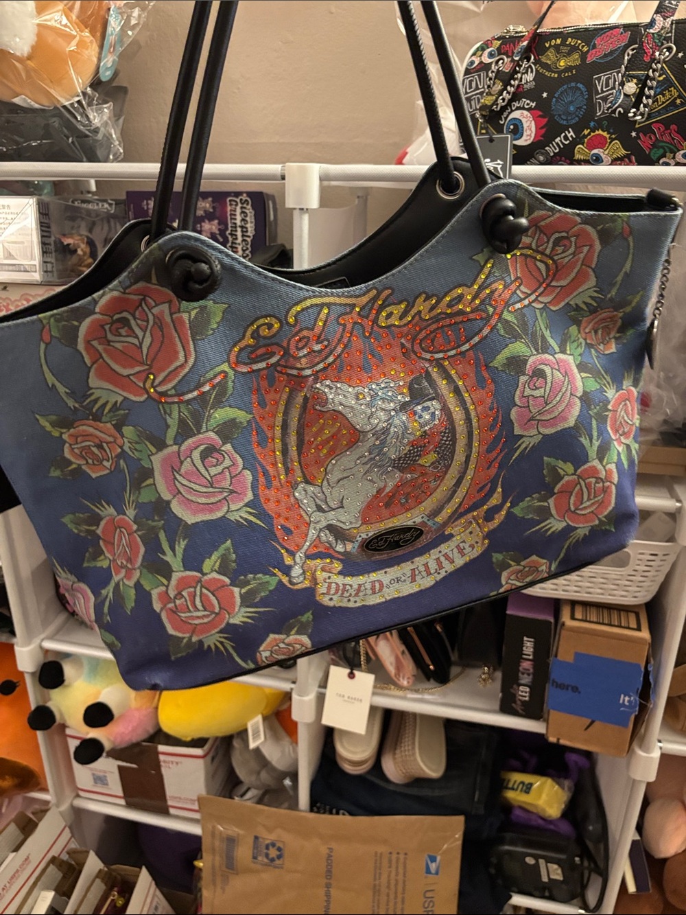 Ed Hardy Denim Floral Tote Bag NWT